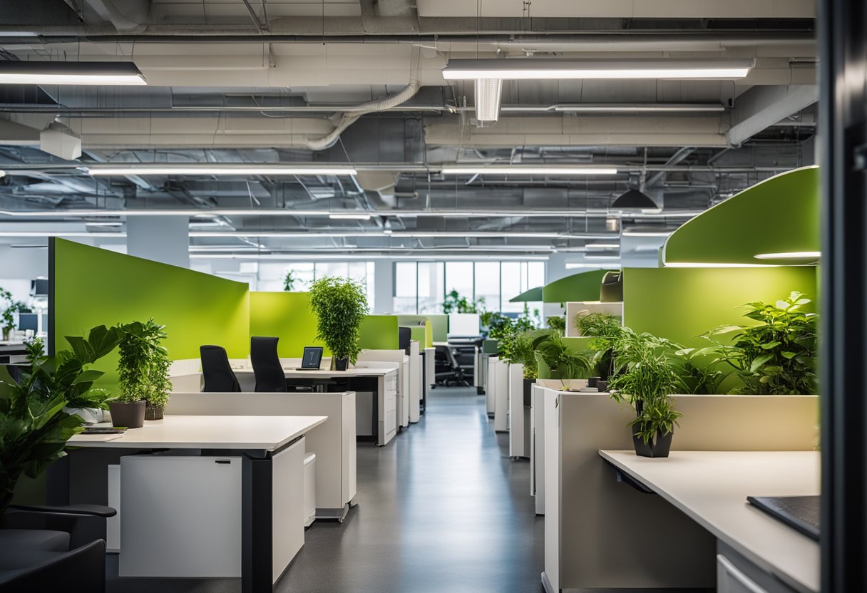 A modern office cubicle with vibrant colors, open layout, and ergonomic furniture. Bright lighting and green plants create a lively and inspiring workspace
