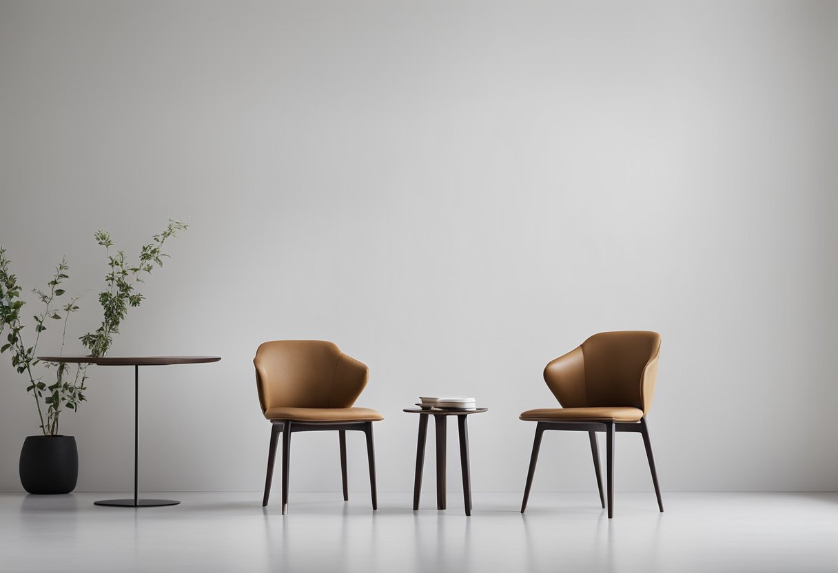 A sleek, simple chair sits against a clean, white wall in a minimalist living room. A small, unadorned table complements the chair, emphasizing the simplicity and functionality of minimalist furniture design