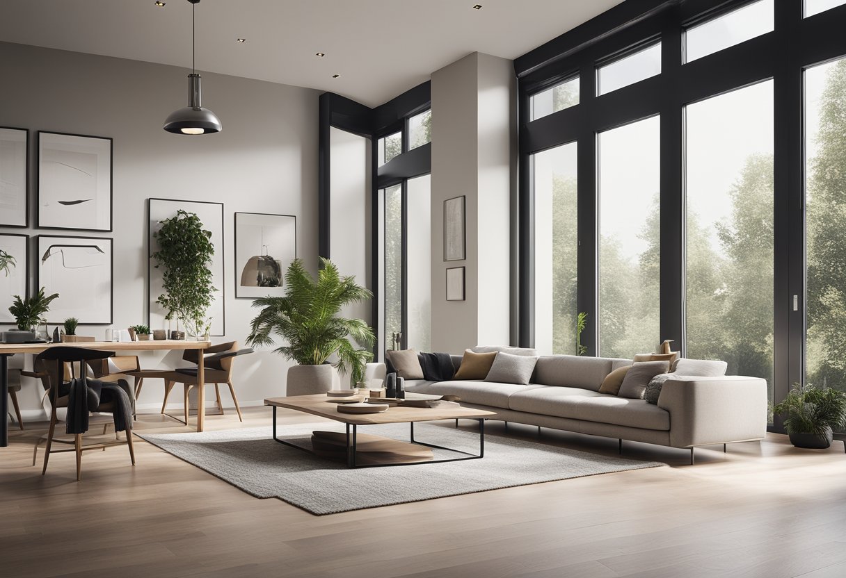 A modern, open-concept living space with sleek, minimalist furniture, large windows allowing natural light, and a neutral color palette