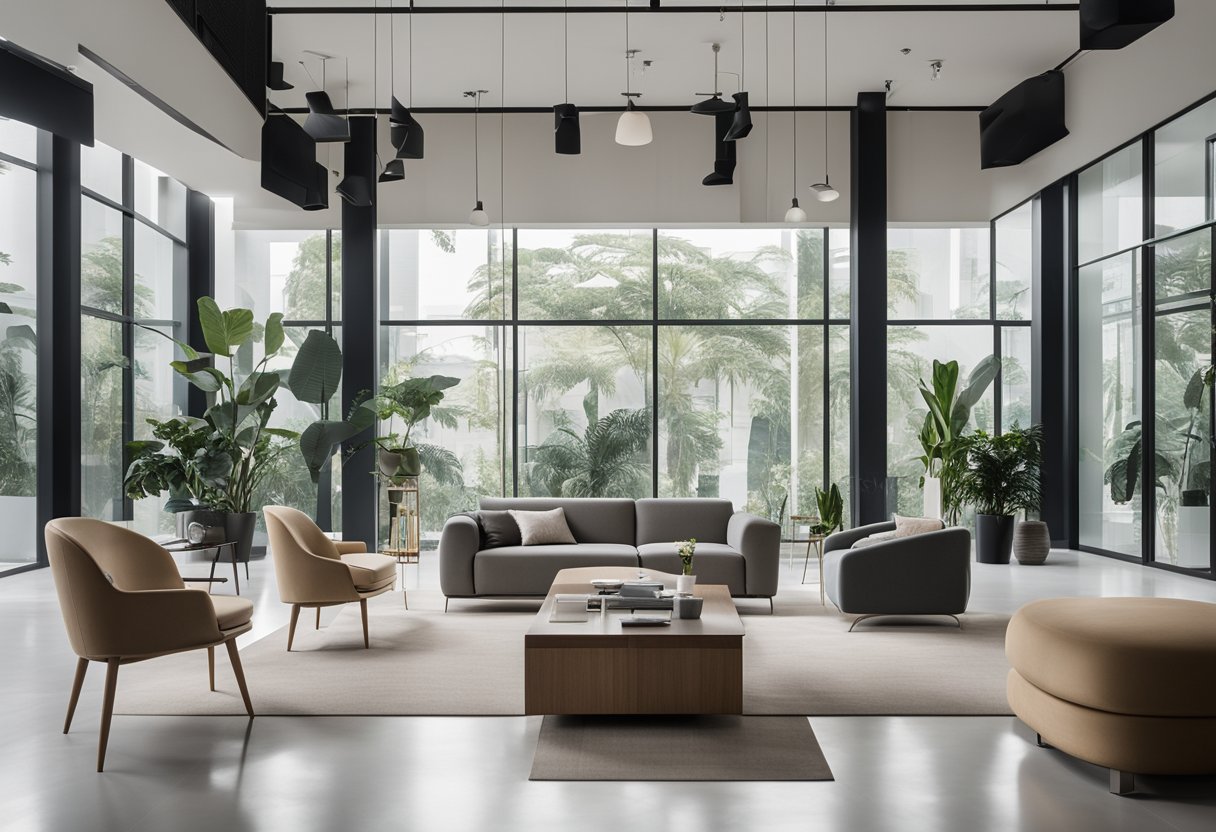 A sleek, modern showroom in Singapore displays minimalist furniture in muted tones and clean lines, with natural light streaming in through large windows