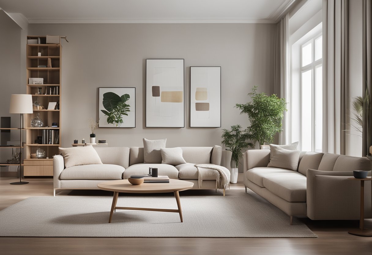 A clean, modern living room with sleek, simple furniture in a neutral color palette. A bookshelf, coffee table, and sofa create a minimalist vibe