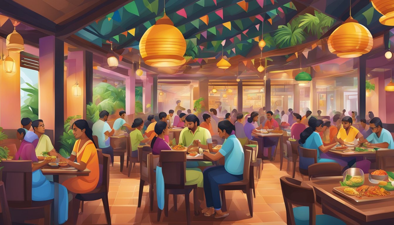 A bustling Kerala restaurant in Singapore, adorned with colorful decor and filled with the aroma of spices and sizzling dishes
