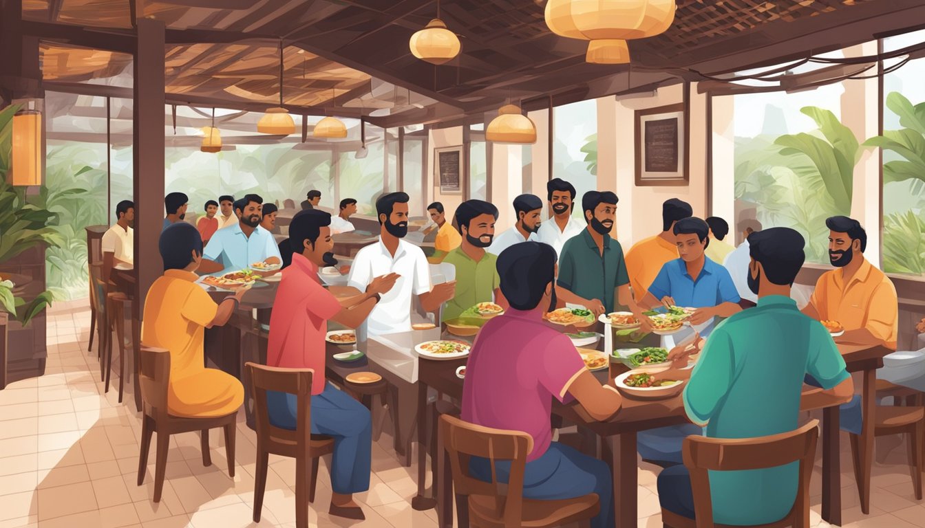 A bustling Kerala restaurant in Singapore with customers dining and staff serving authentic dishes