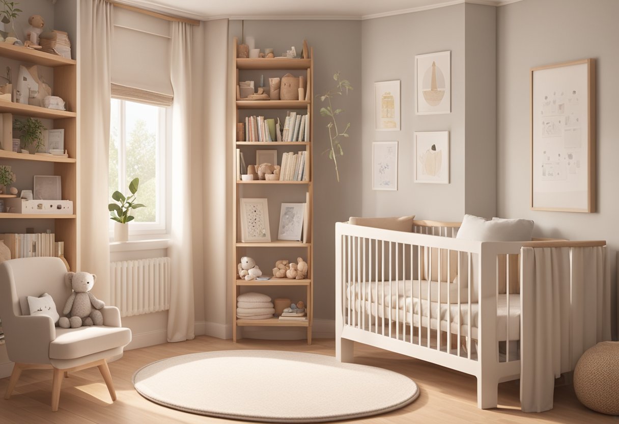 A cozy, minimalist nursery with a soft color palette and natural wood accents. A bookshelf filled with Scandinavian baby name books and a notebook for jotting down ideas