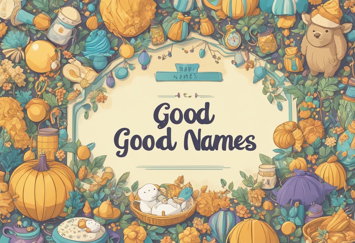 A colorful banner with "Good Names" in bold letters, surrounded by baby items and seasonal symbols