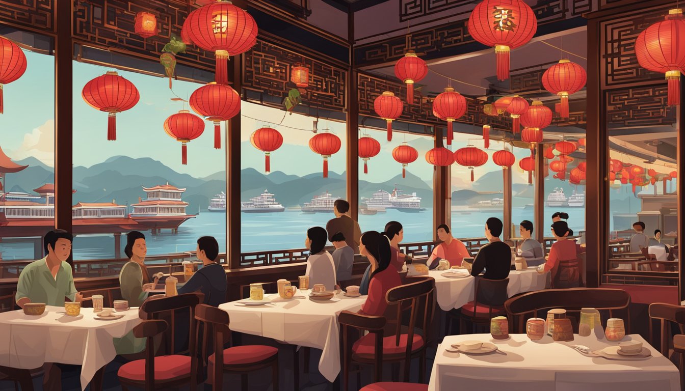 A bustling Chinese restaurant with red lanterns, ornate decor, and a view of the marina