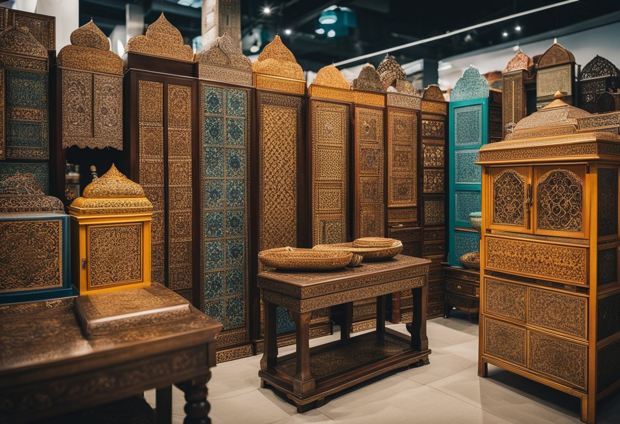 A bustling marketplace in Singapore showcases vibrant Moroccan furniture, adorned with intricate patterns and vibrant colors. Customers admire the unique pieces, while merchants eagerly showcase their wares