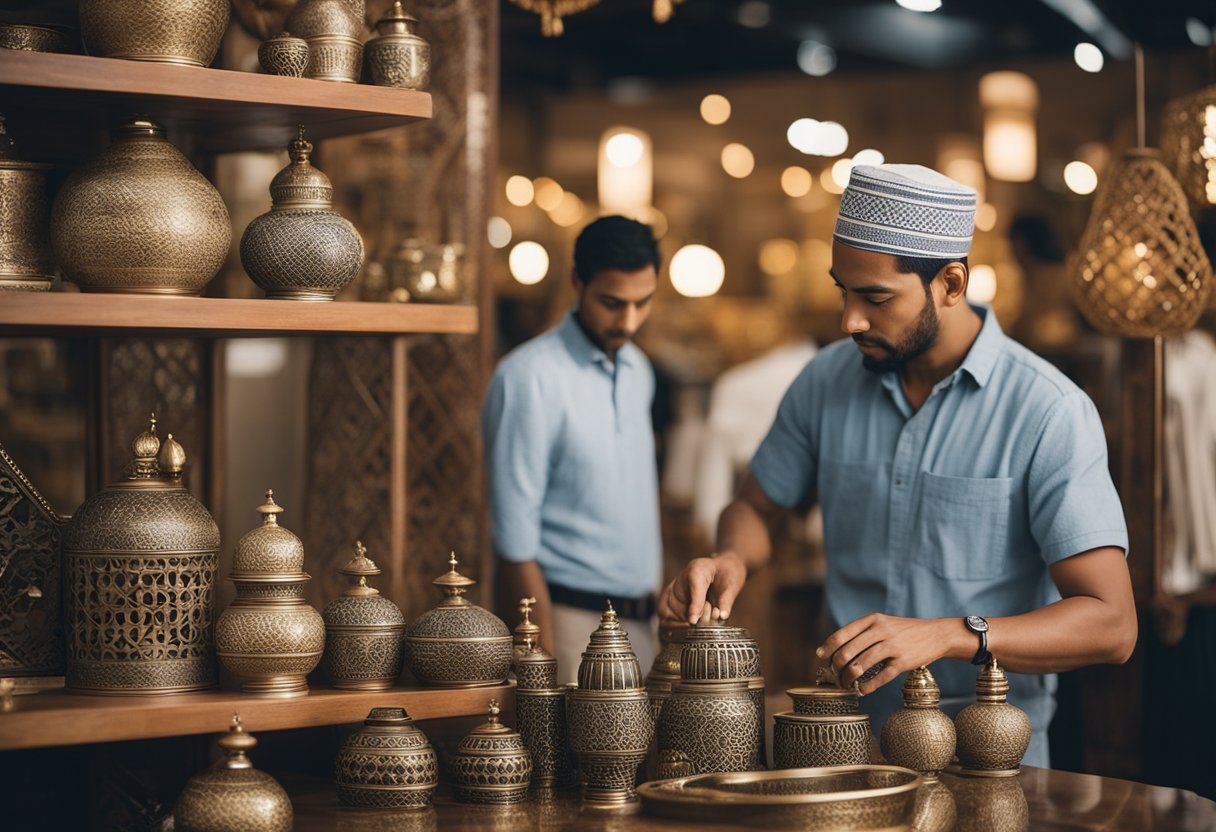 A person carefully selects and arranges Moroccan furniture in a Singapore store