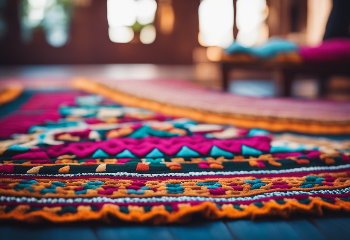 A colorful Moroccan rug lies beneath a low wooden table adorned with intricate carvings. Pillows in rich, vibrant hues are scattered around the room, creating a cozy and inviting atmosphere