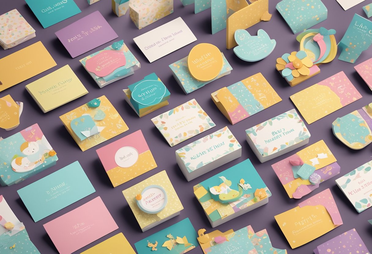 A colorful array of baby name cards scattered on a table, with a whimsical font and playful designs