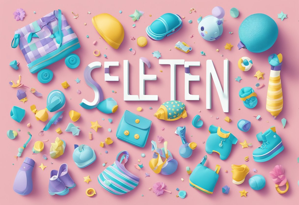 A colorful array of baby items scattered on a soft, pastel background, with whimsical fonts spelling out "Selten" in the center