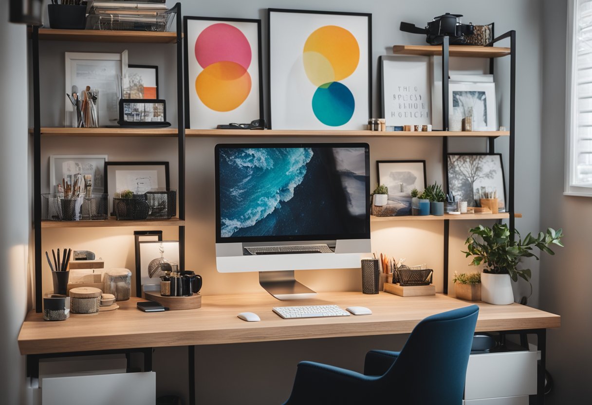 A cozy home office with a sleek desk, colorful art prints on the wall, and a variety of art supplies neatly organized on shelves