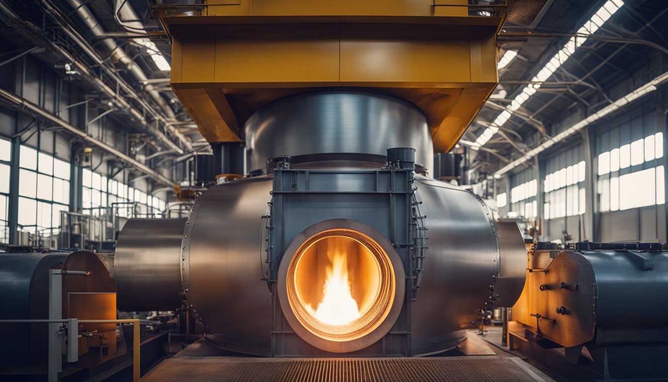 The regenerative burner reheating furnace consists of a combustion chamber, regenerative chambers, and heat exchangers, all enclosed within a steel structure