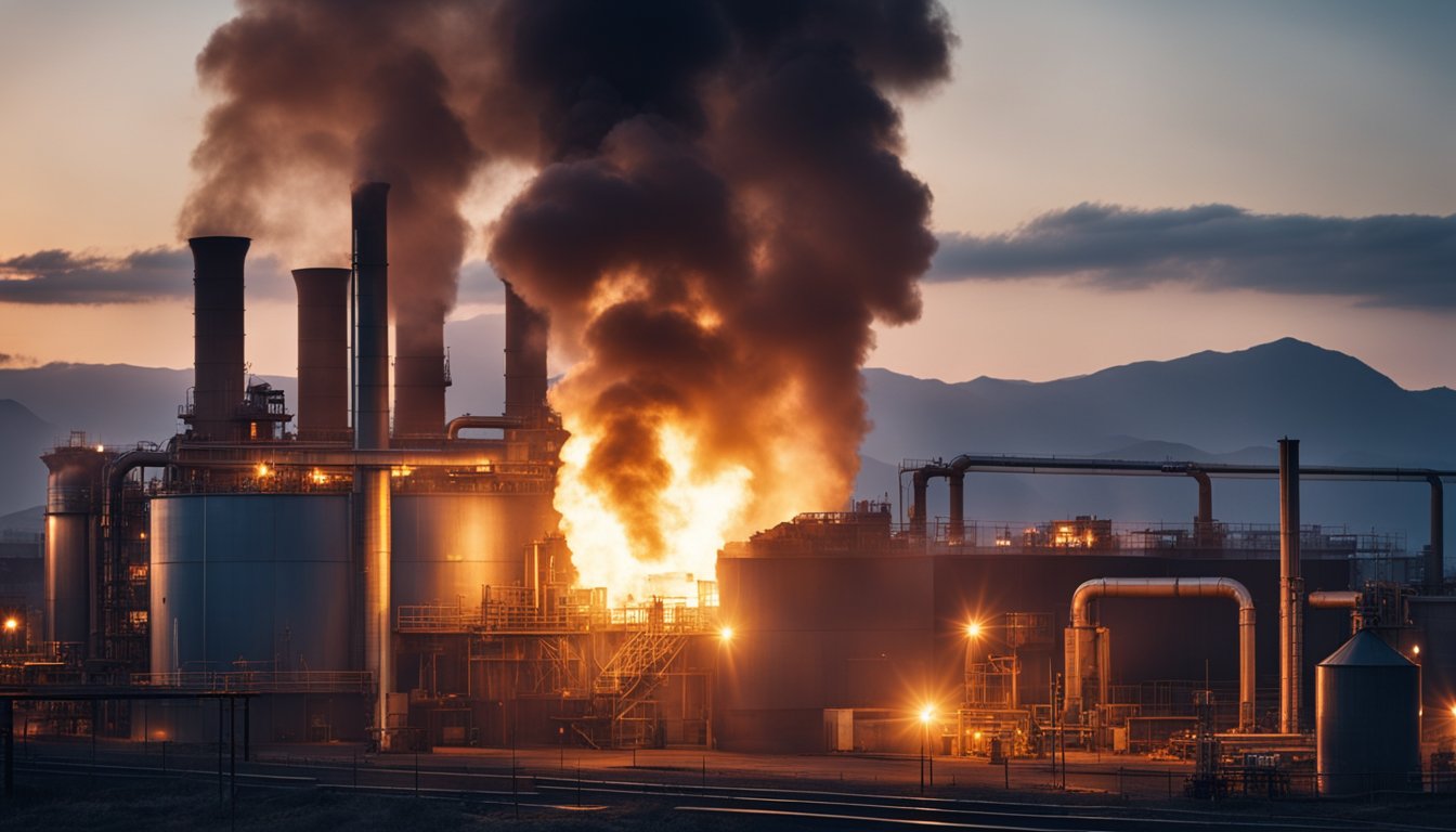 A rolling furnace belches out billows of fiery heat and smoke, casting an ominous glow over the industrial landscape