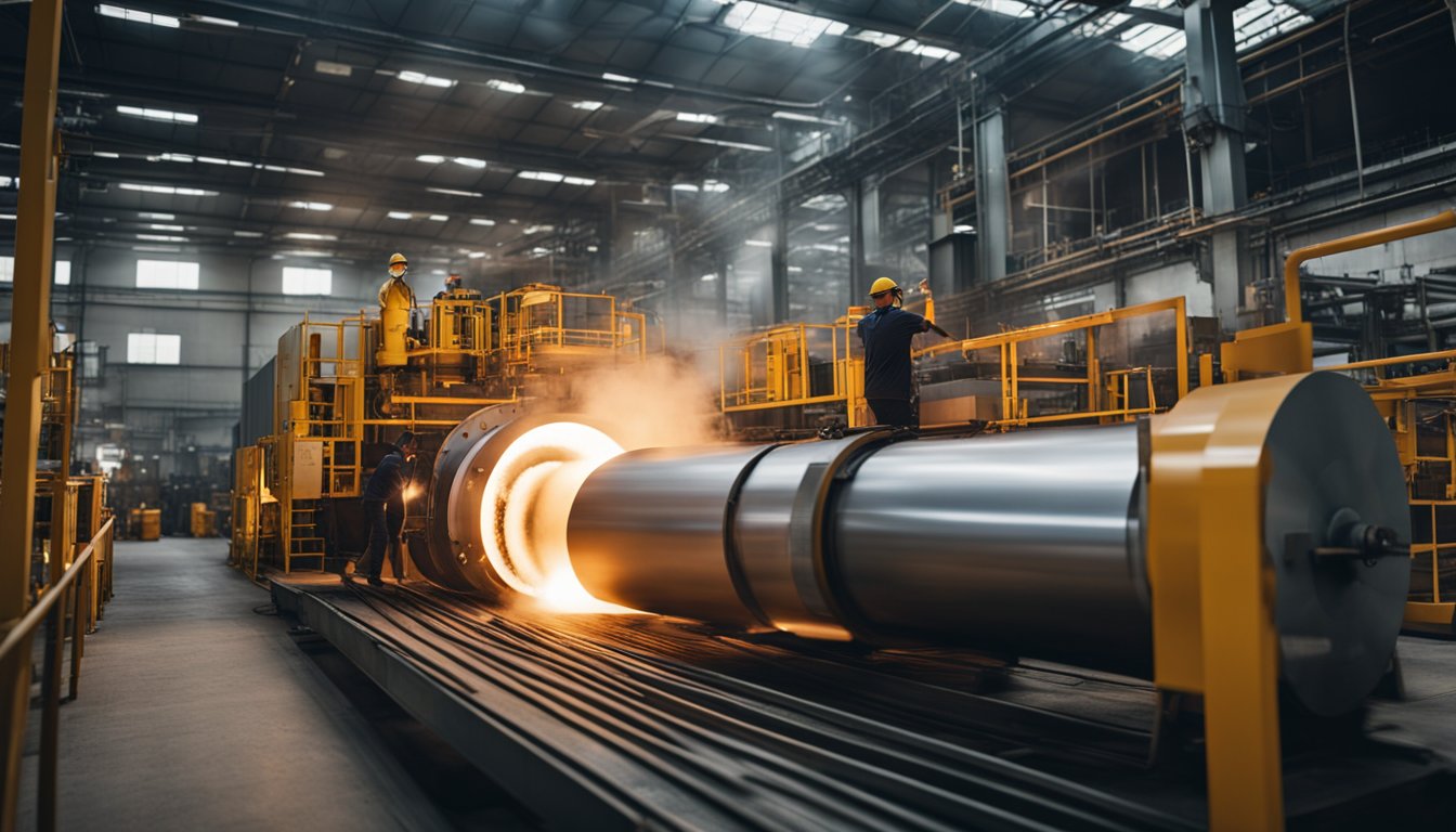 A rolling furnace moves along a factory floor, emitting heat and smoke, surrounded by workers and machinery