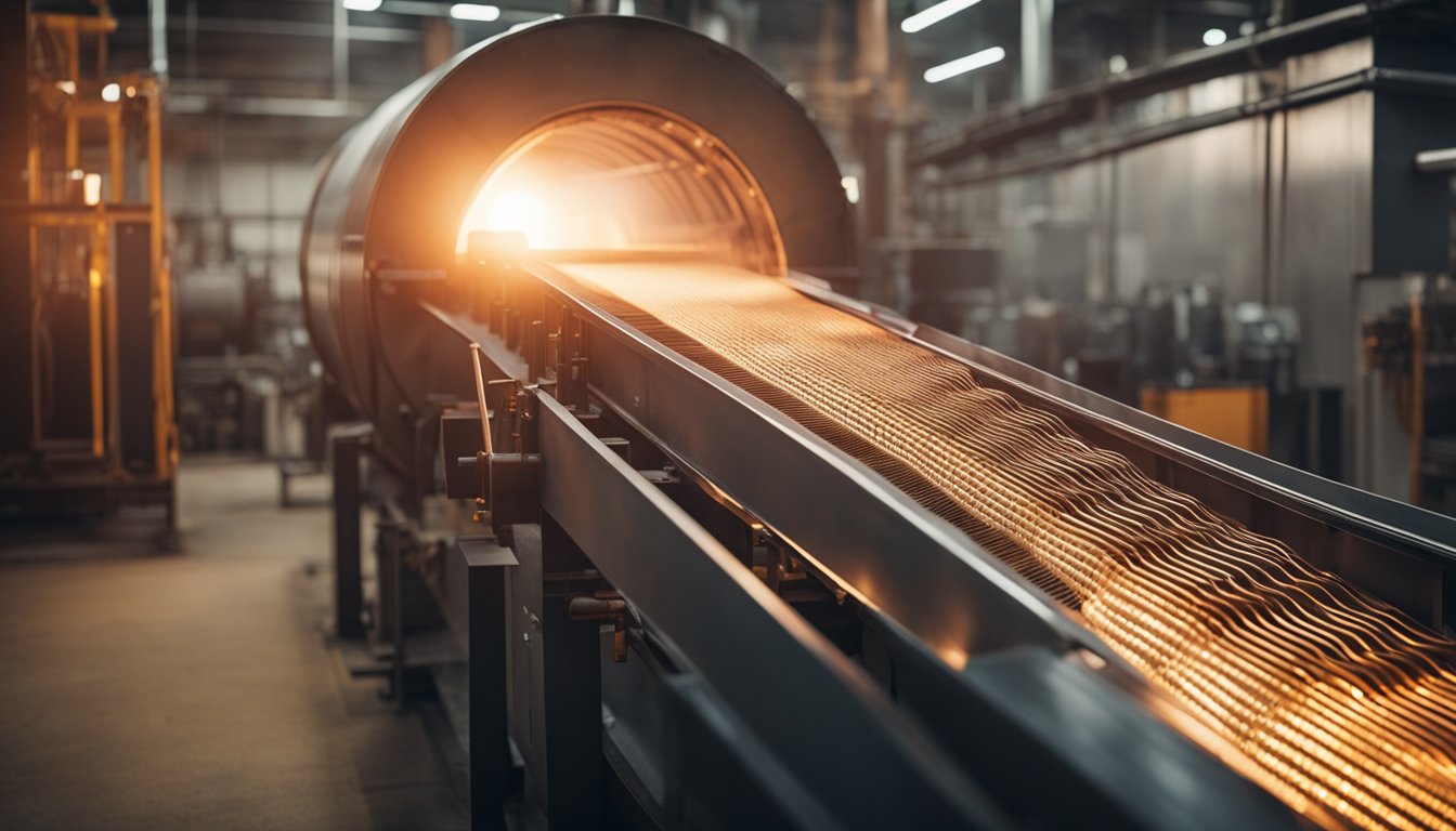 A rolling furnace with glowing coils moves metal through a conveyor belt, emitting intense heat and bright light