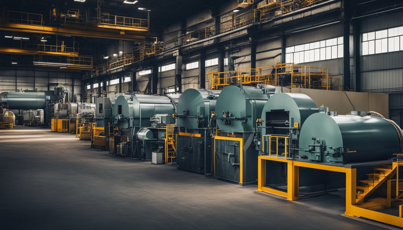 A variety of rolling furnaces in a factory setting, each with unique features and sizes, emitting heat and light