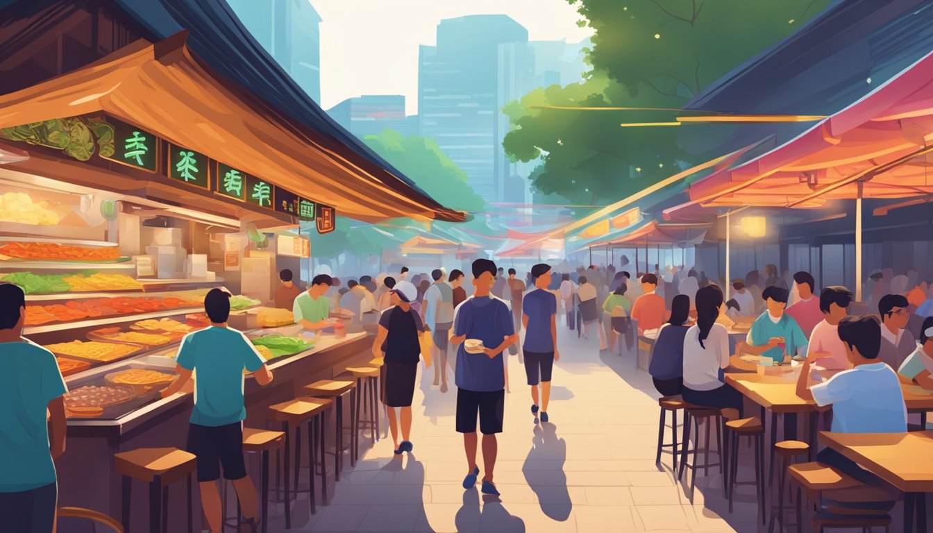 A bustling hawker center with a variety of sizzling street food stalls, colorful neon signs, and a lively atmosphere in Singapore