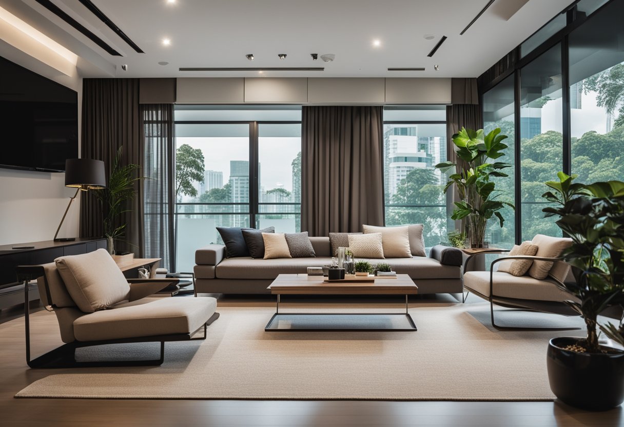 A cozy living room with modern furniture from Nest in Singapore. Comfortable sofas, sleek coffee table, and stylish decor create a welcoming ambiance