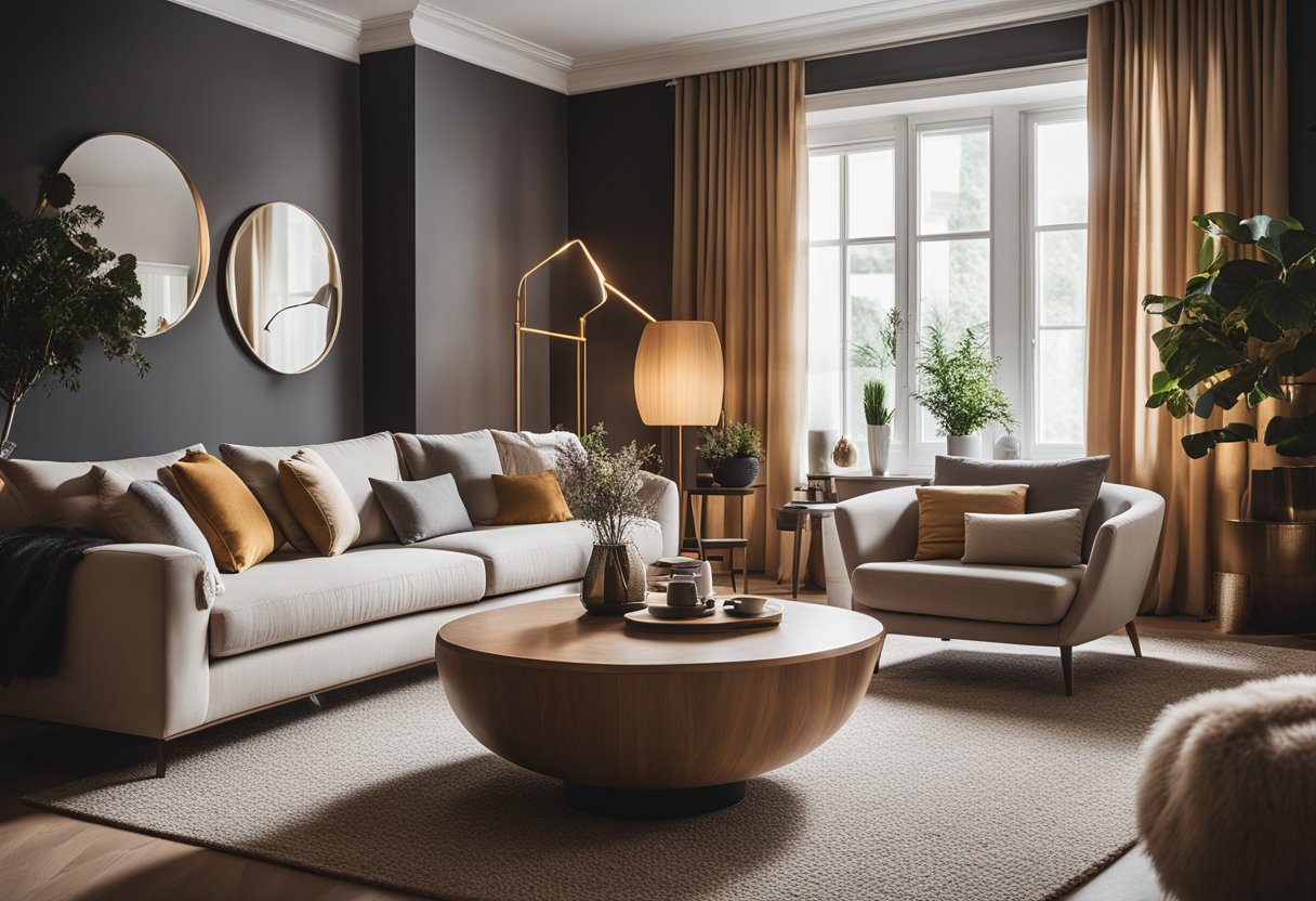 A cozy living room with Nest Furniture's range of elegant sofas, coffee tables, and stylish lighting. Warm tones and modern designs create a welcoming atmosphere