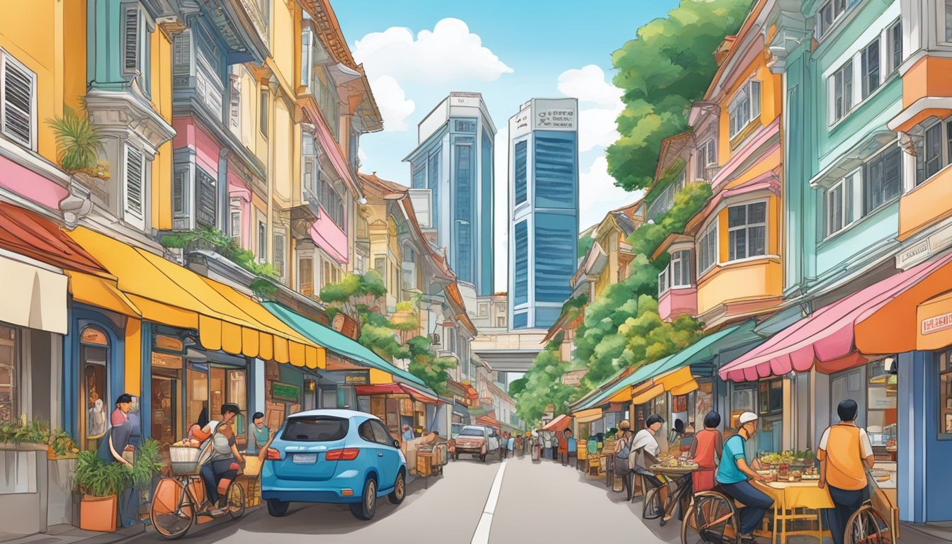 A bustling Singapore street lined with colorful, bustling Michelin-starred restaurants, each with its own unique charm and culinary delights