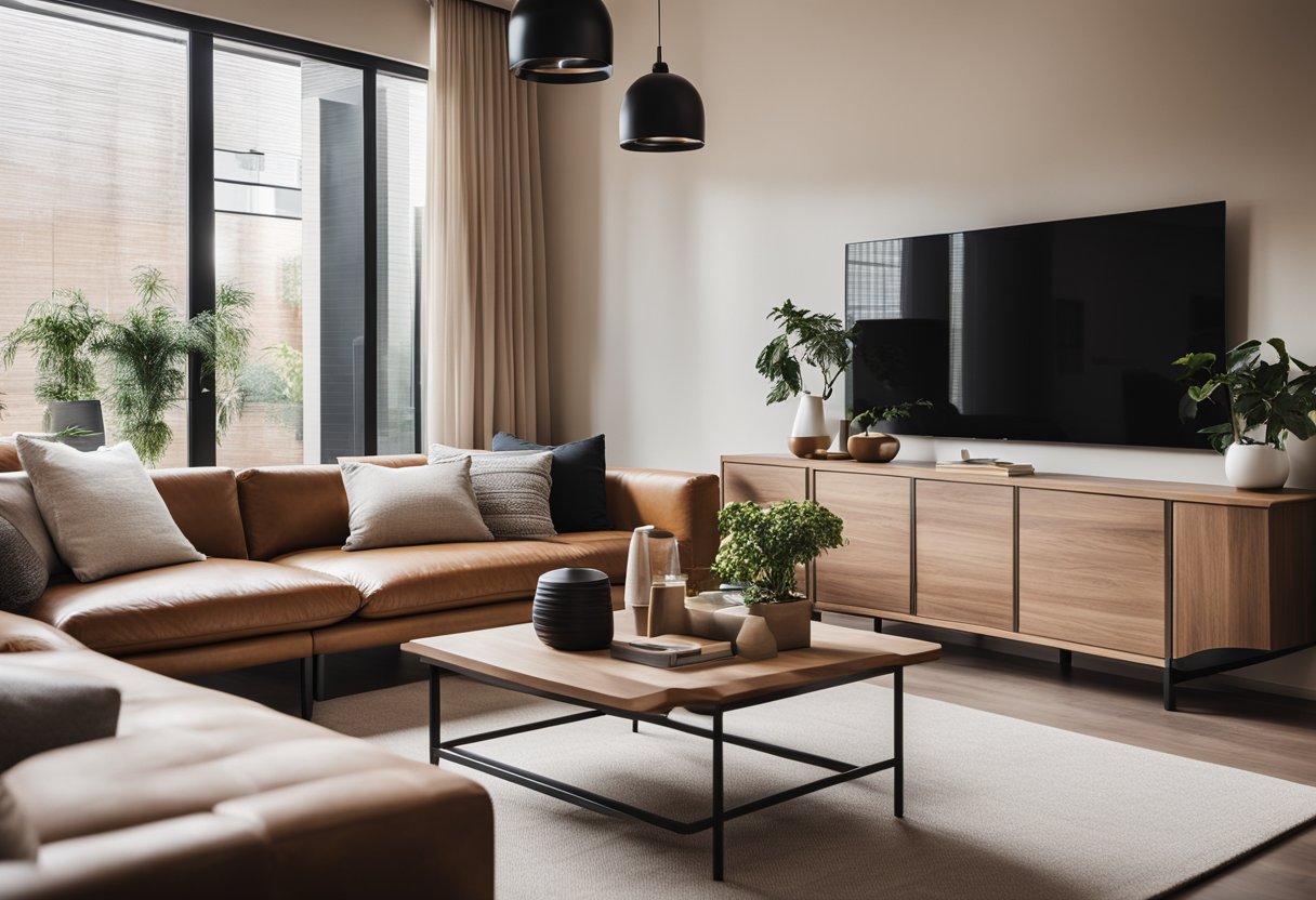 A cozy living room with modern, stylish furniture from Nest. Clean lines, warm colors, and comfortable seating invite relaxation and enjoyment