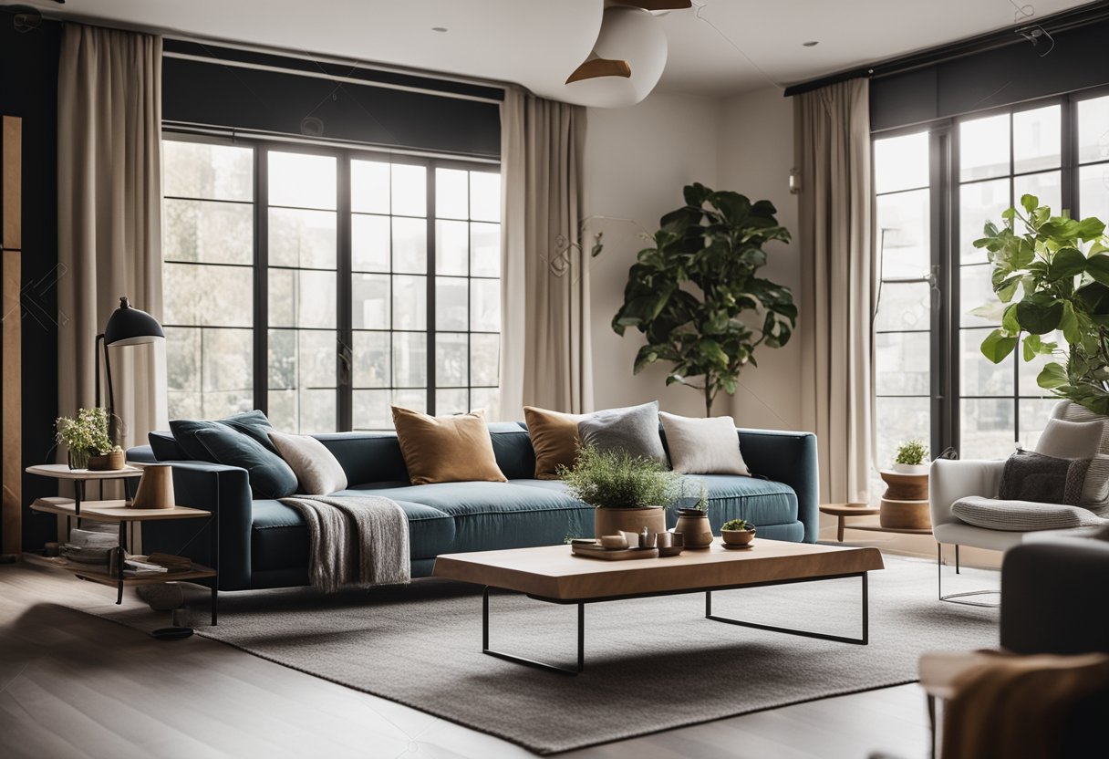 A cozy living room with a modern sofa and coffee table, surrounded by sleek and stylish furniture, with a large window letting in natural light