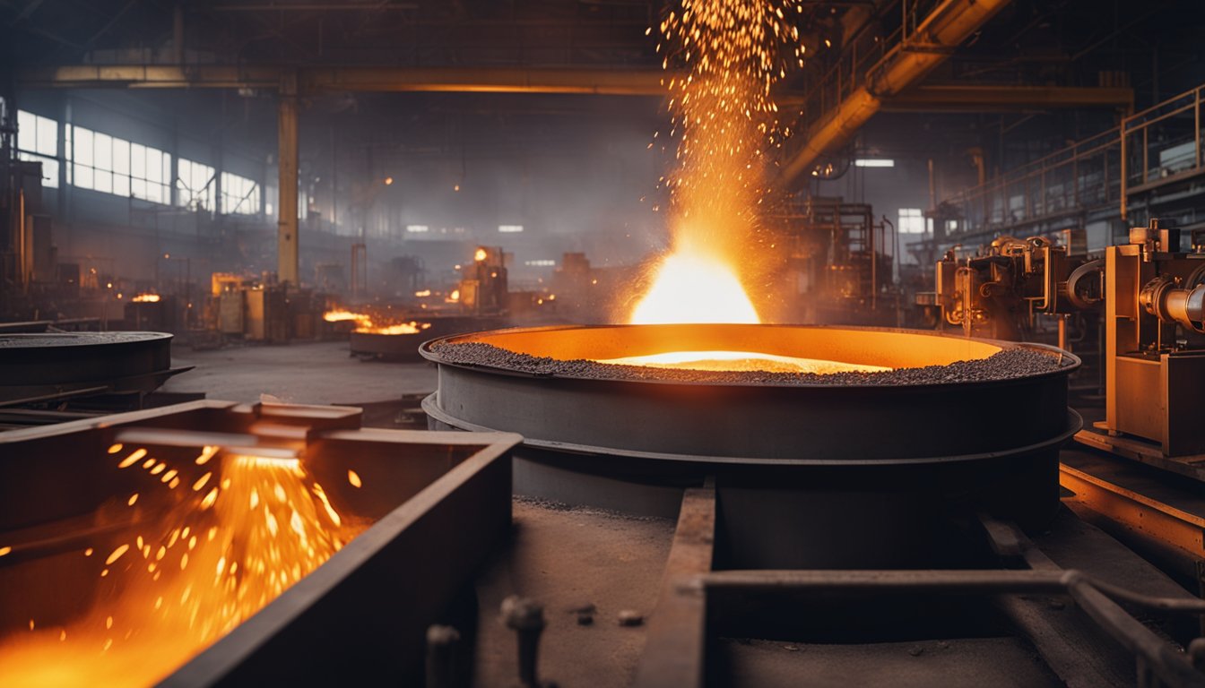 Molten metal pours from a rolling furnace into molds. Bright orange glow illuminates the industrial setting