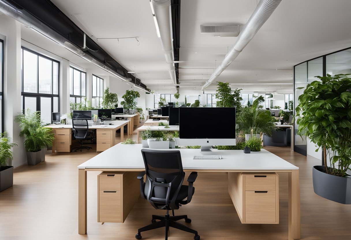 The office space features open layout with natural light, ergonomic furniture, and greenery. A central communal area encourages collaboration, while private workstations provide focus