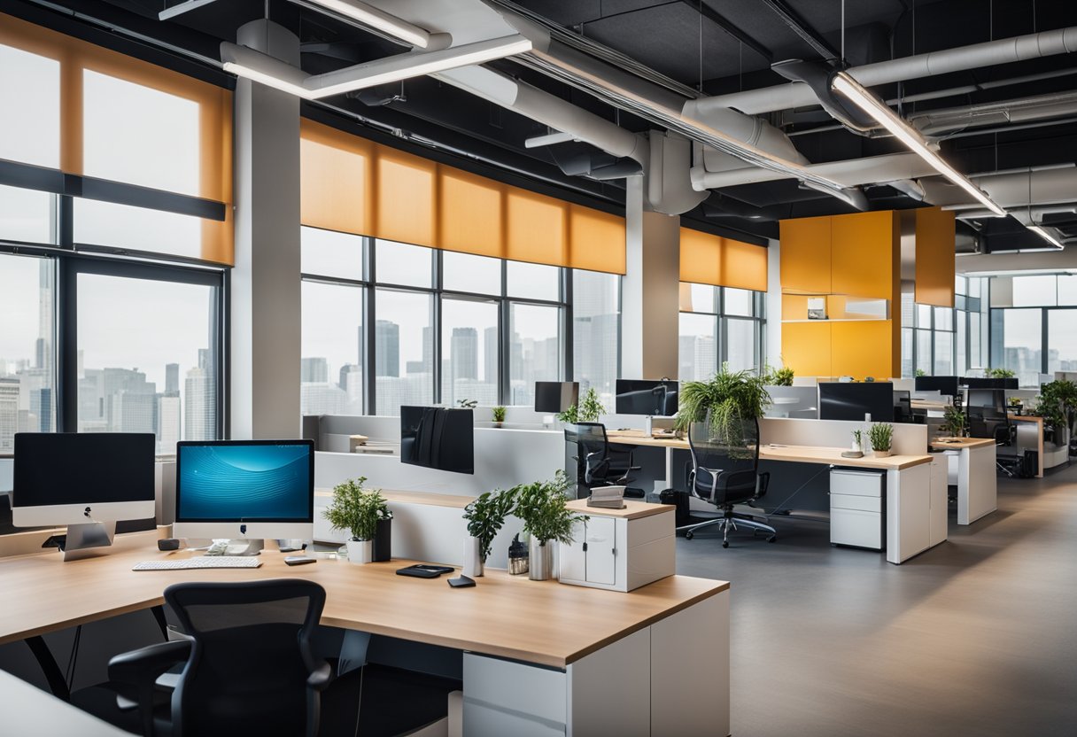 Open office layout with modern furniture, collaborative workspaces, natural lighting, and vibrant color scheme