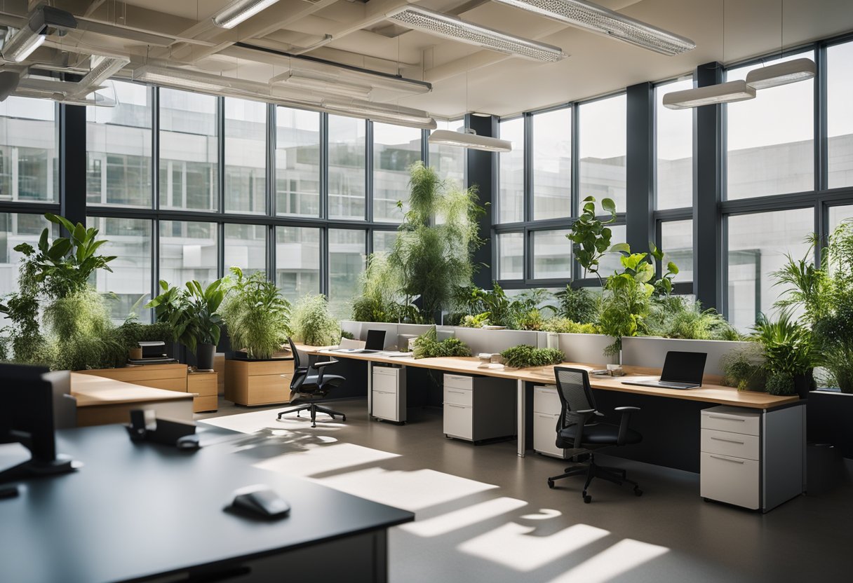 A spacious, well-lit office with ergonomic furniture, indoor plants, and natural materials. Large windows provide ample natural light, and a designated area for recycling and composting promotes sustainability
