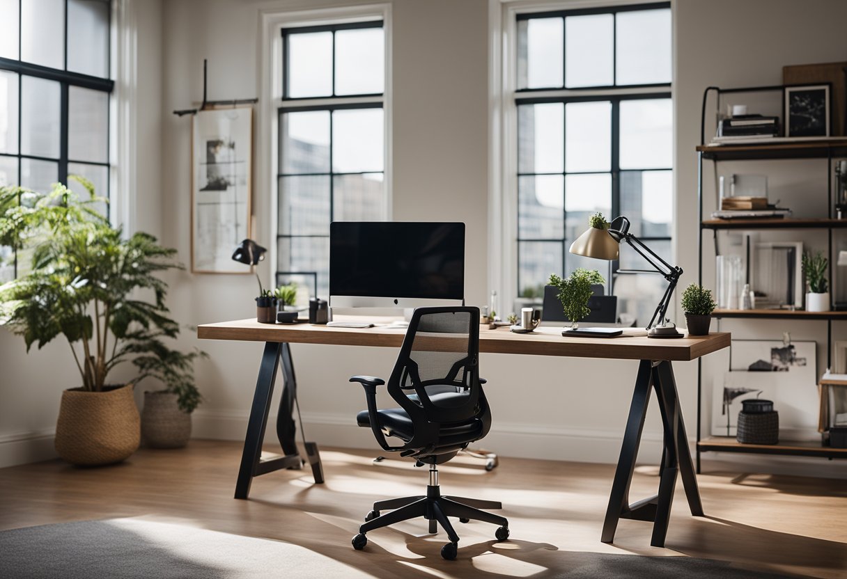 A modern home office with a standing desk, ergonomic chair, and minimalist decor. Natural light streams in through large windows, illuminating the space