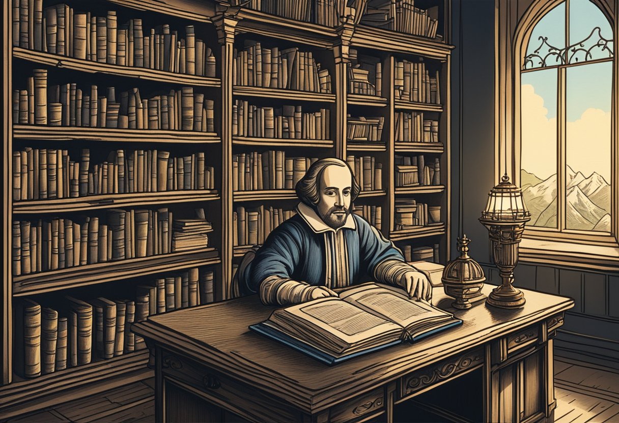 A bookshelf with Shakespeare's works, a crib with "baby names" book, and a quill pen on a desk