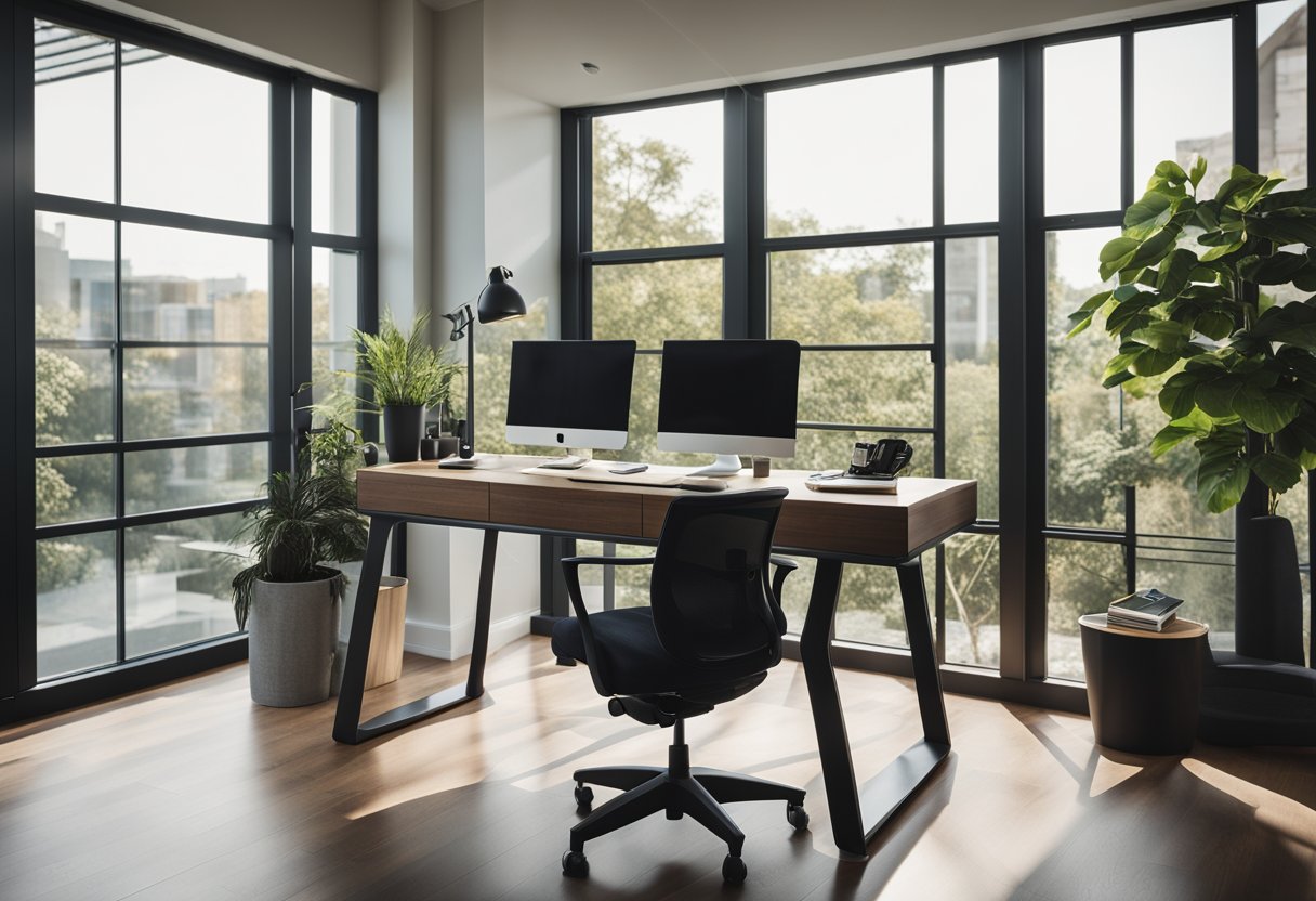 A modern home office with a standing desk, sleek computer, ergonomic chair, and natural light streaming through a large window
