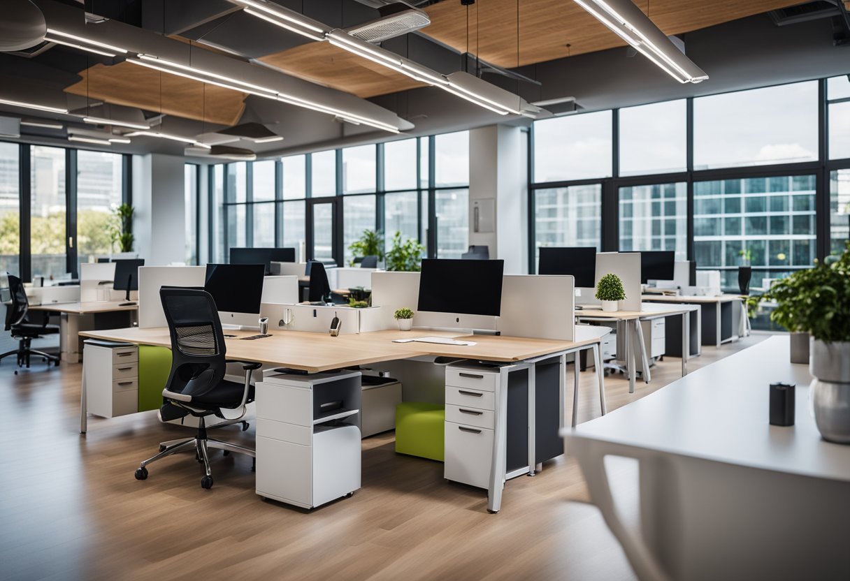 A modern, open-concept office with flexible workstations, collaborative areas, and natural light. Ergonomic furniture and vibrant color accents create a dynamic and inviting space