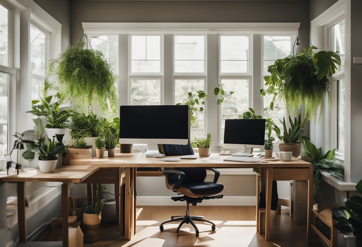 A bright, spacious home office with a standing desk, ergonomic chair, and natural lighting. Plants and organization tools enhance productivity and health