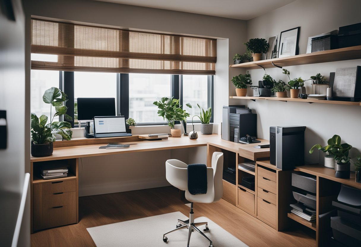 A modern home office with a sleek standing desk, ergonomic chair, organized shelves, and a clutter-free workspace