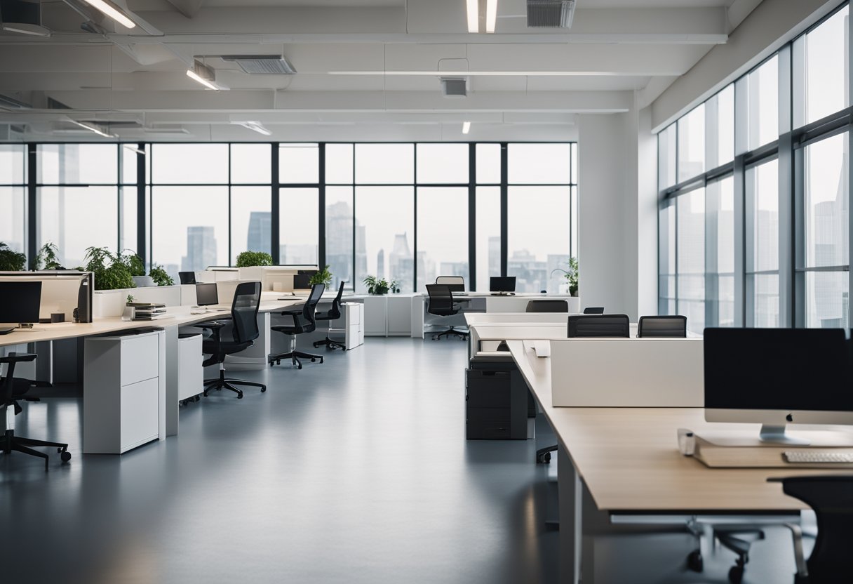 A modern office with sleek desks, ergonomic chairs, and stylish storage units. Brightly lit with large windows and a minimalist design aesthetic