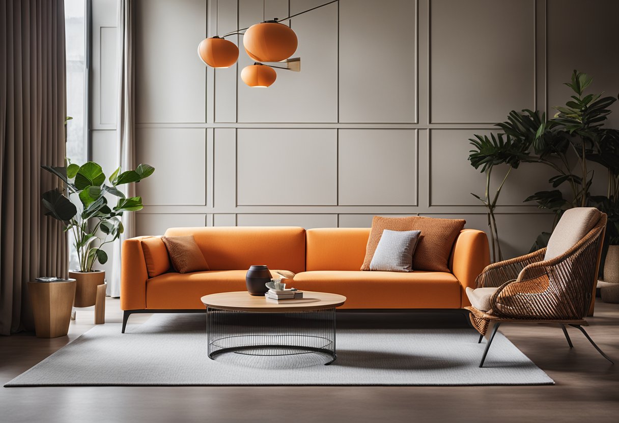 A bright orange sofa and chair sit in a modern living room in Singapore. The furniture stands out against the neutral backdrop, creating a vibrant and contemporary atmosphere