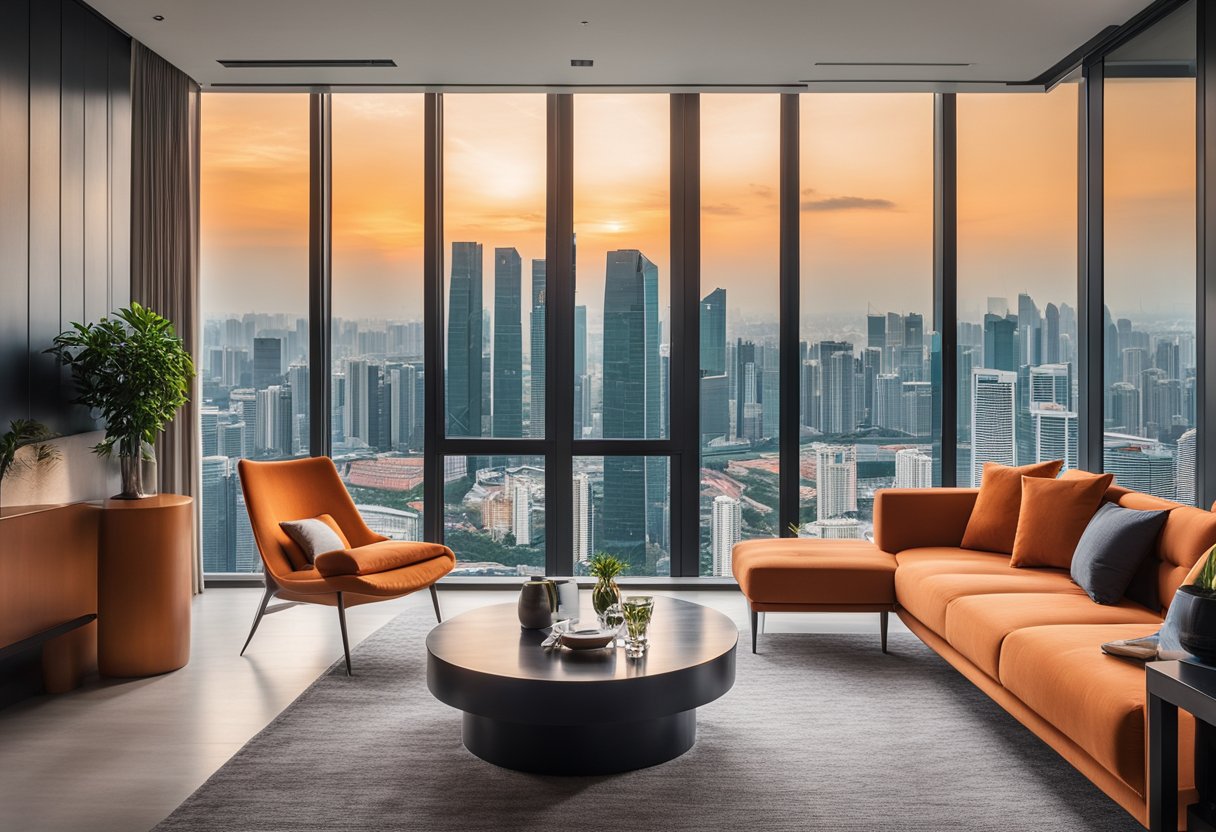 A modern living room with sleek orange furniture, set against the backdrop of the vibrant cityscape of Singapore