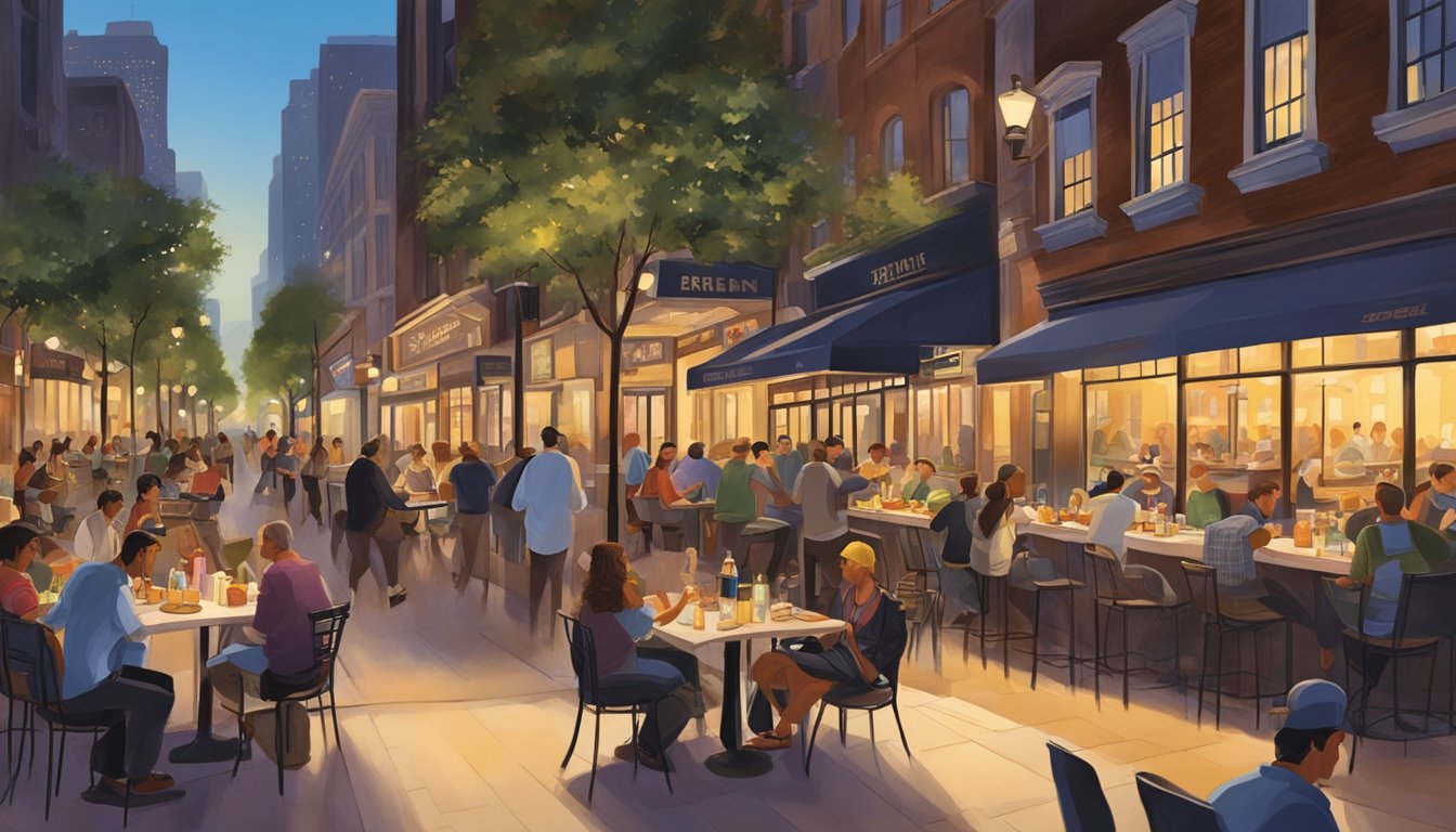The downtown restaurants bustle with activity as diners enjoy their meals under the glow of streetlights and the buzz of city life