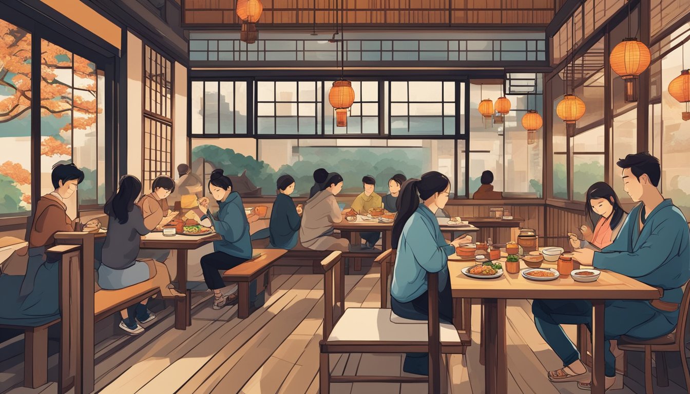 People enjoying Japanese food at downtown restaurants. Sushi, ramen, and tempura dishes on tables. Traditional decor and lanterns create a cozy atmosphere