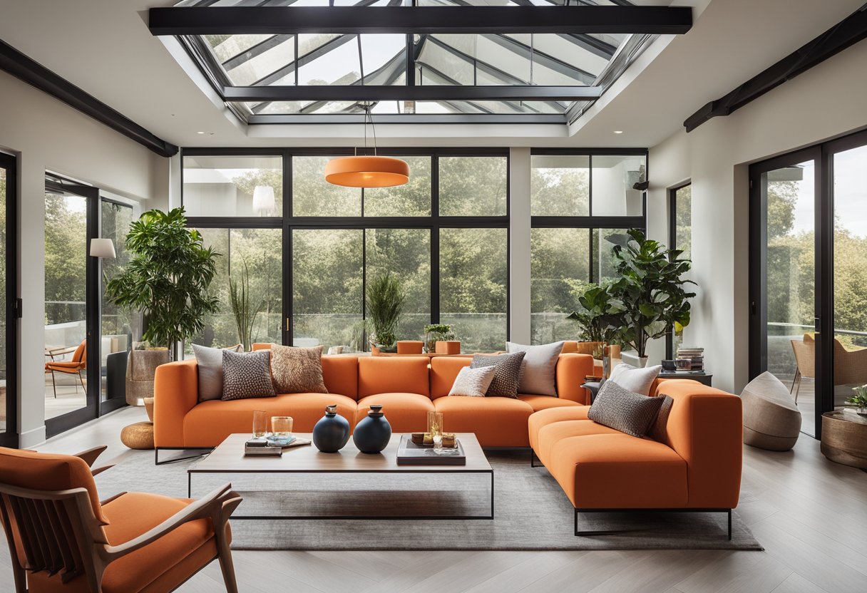A bright living room with a modern orange sofa, surrounded by matching orange chairs and a sleek orange coffee table. The room is filled with natural light, creating a warm and inviting atmosphere