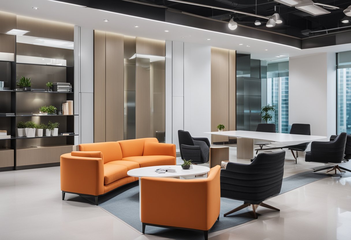 An office setting with a modern orange sofa and chairs, a sleek white desk, and a stack of brochures labeled "Frequently Asked Questions" in Singapore