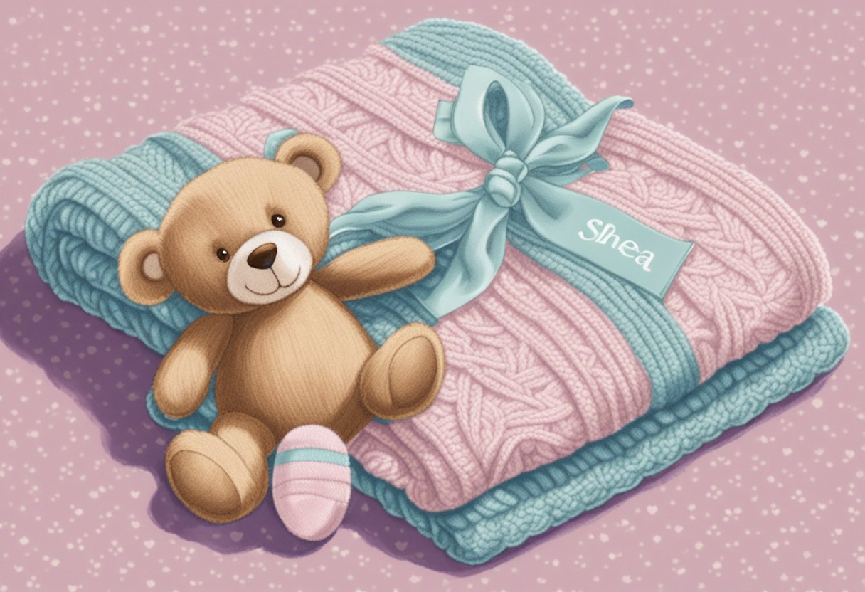 A soft, knitted blanket with the name "Shea" embroidered in delicate script, surrounded by tiny, pastel-colored baby booties and a plush teddy bear