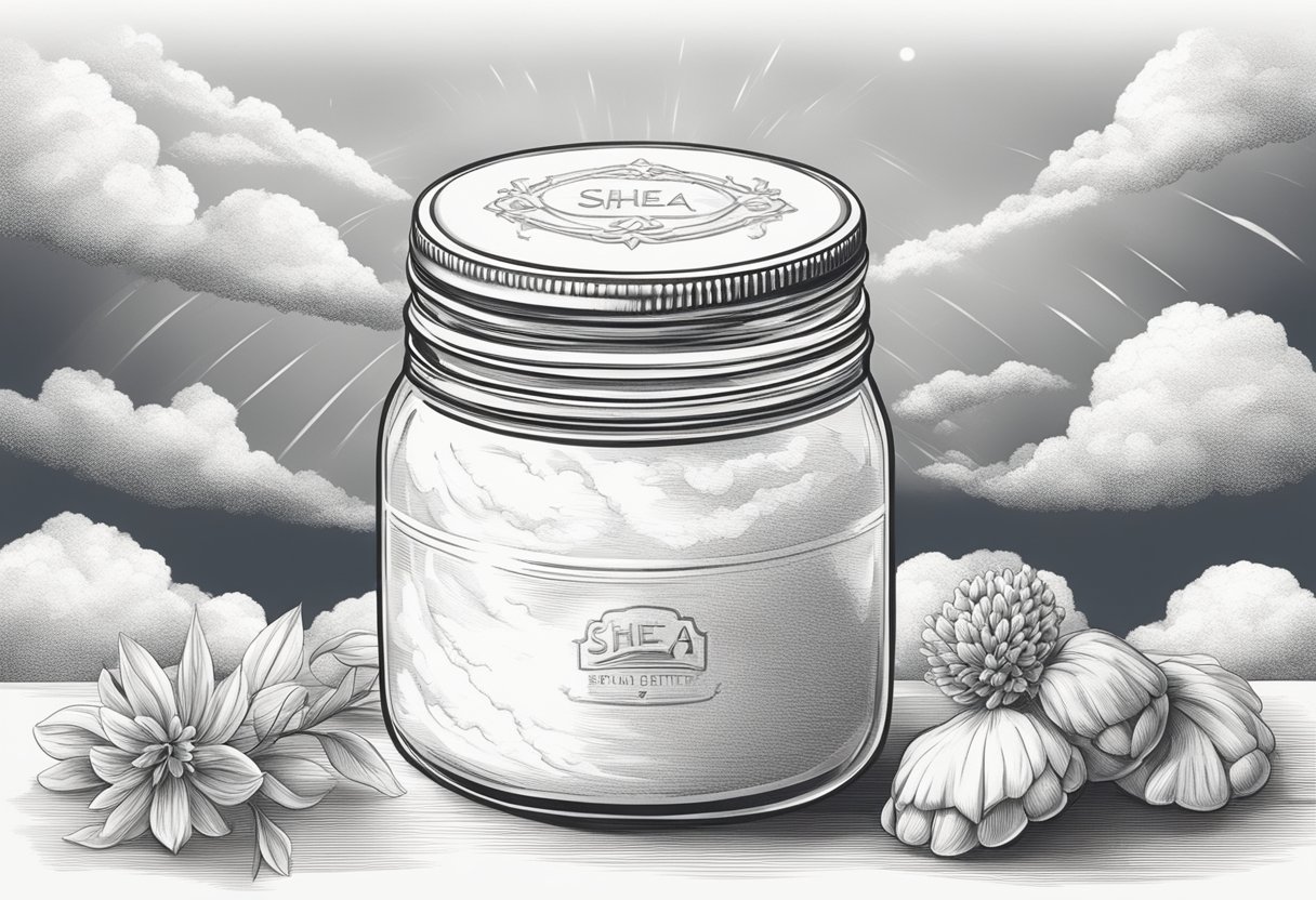 A jar of shea butter surrounded by soft, fluffy clouds, with a gentle breeze blowing through the scene