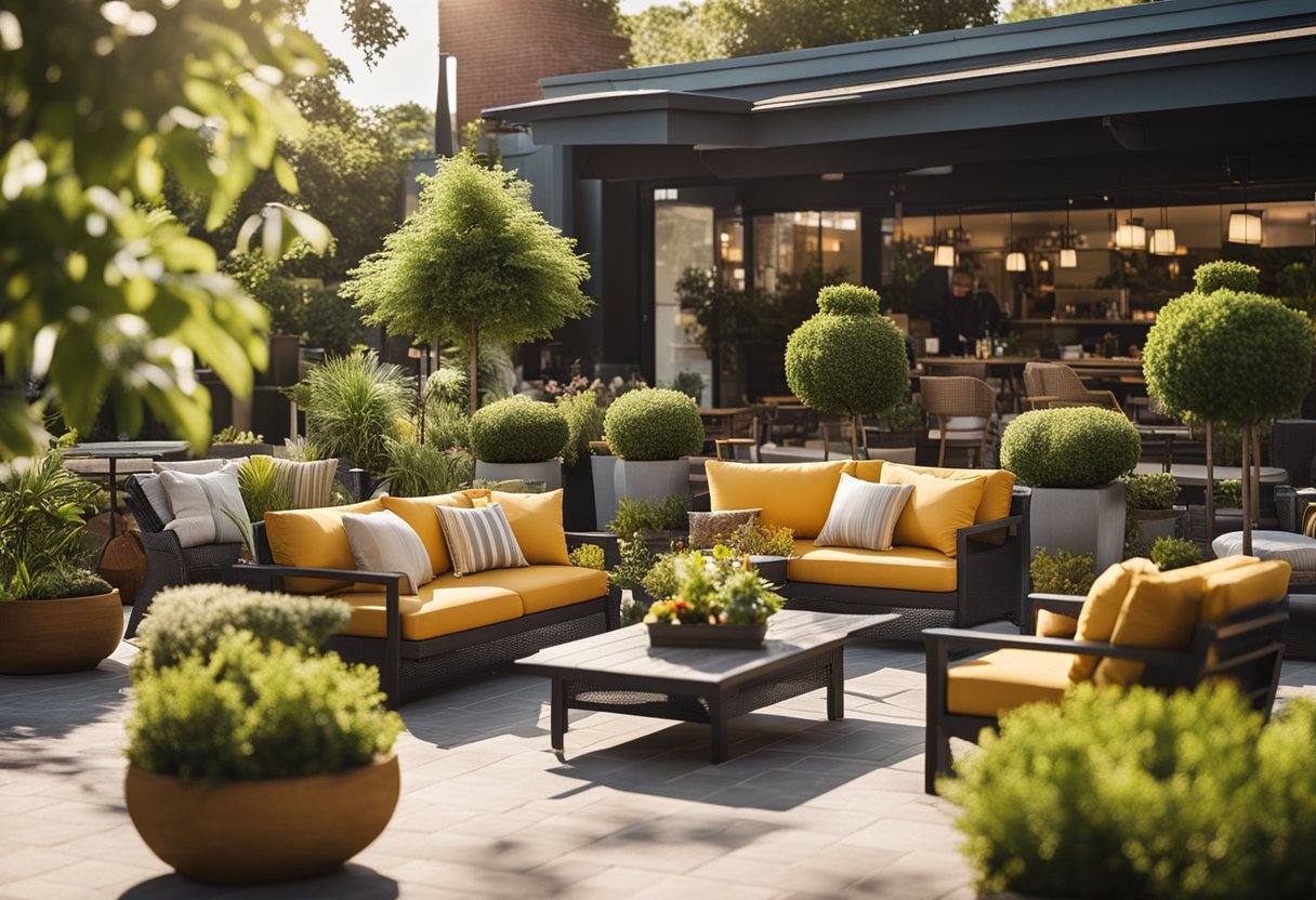 Customers browsing outdoor furniture, staff assisting, sunny day, colorful displays, comfortable seating areas, plants and greenery, welcoming atmosphere