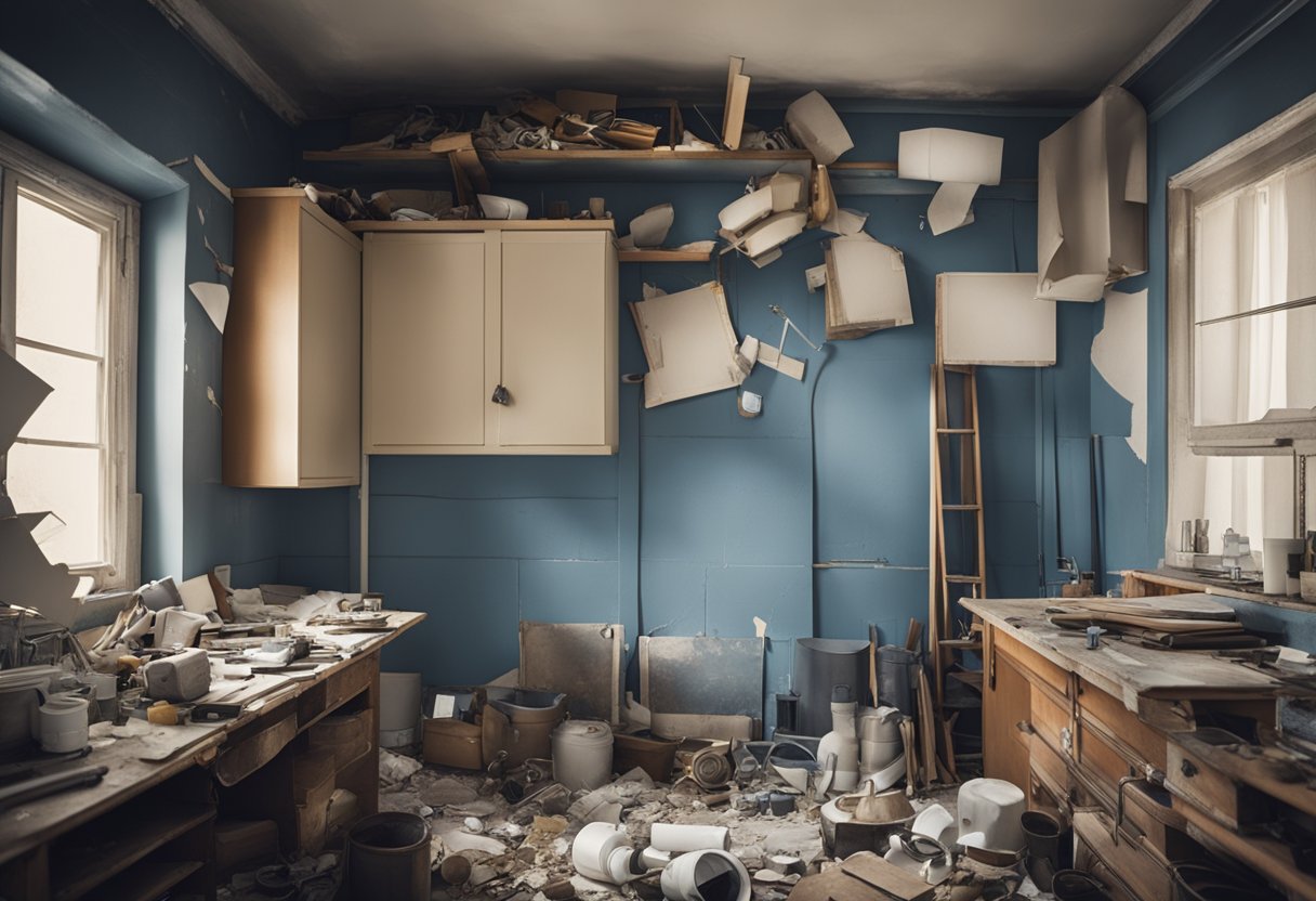 A cluttered room with peeling paint and outdated fixtures. Tools and renovation supplies are scattered around, ready to be used. A blueprint of the room's new design is pinned to the wall