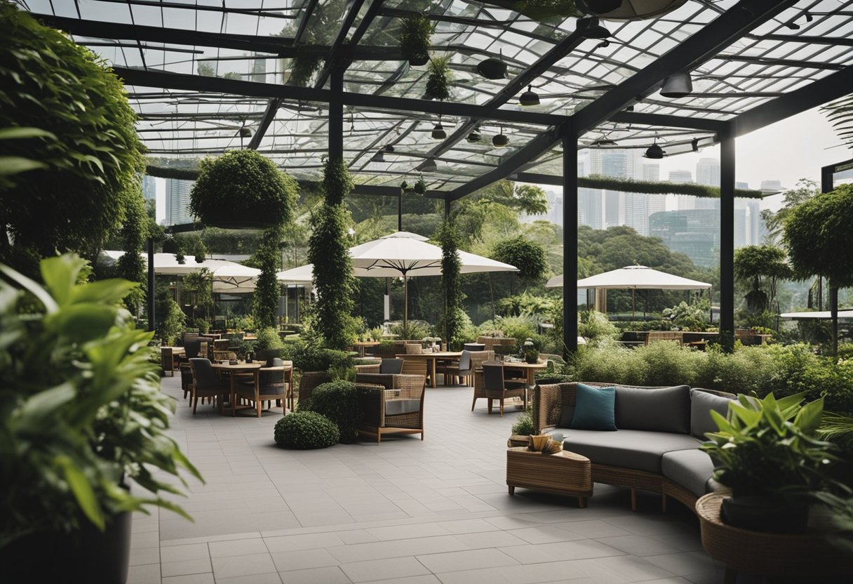 An outdoor furniture store in Singapore with various seating and dining sets displayed under a large canopy, surrounded by lush greenery and potted plants
