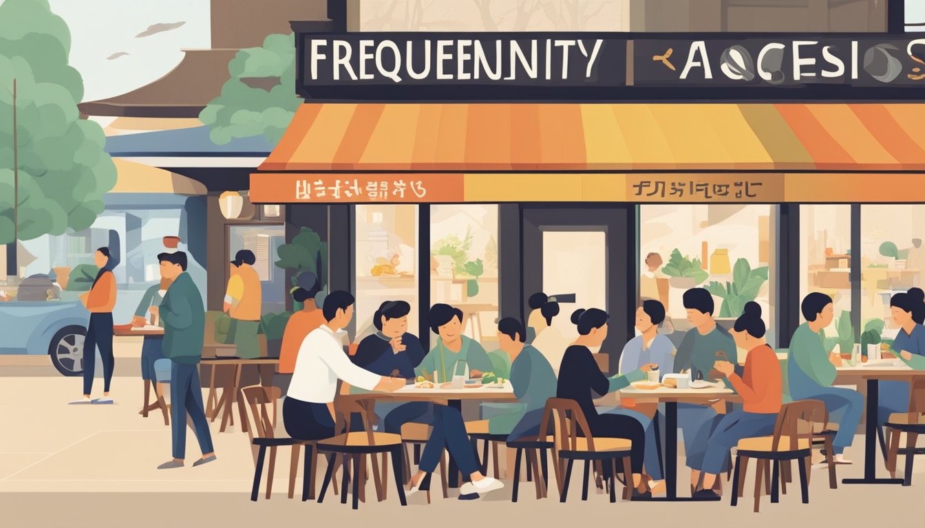 A bustling Korean restaurant with a sign reading "Frequently Asked Questions" in bold letters. Patrons enjoy traditional dishes at outdoor tables